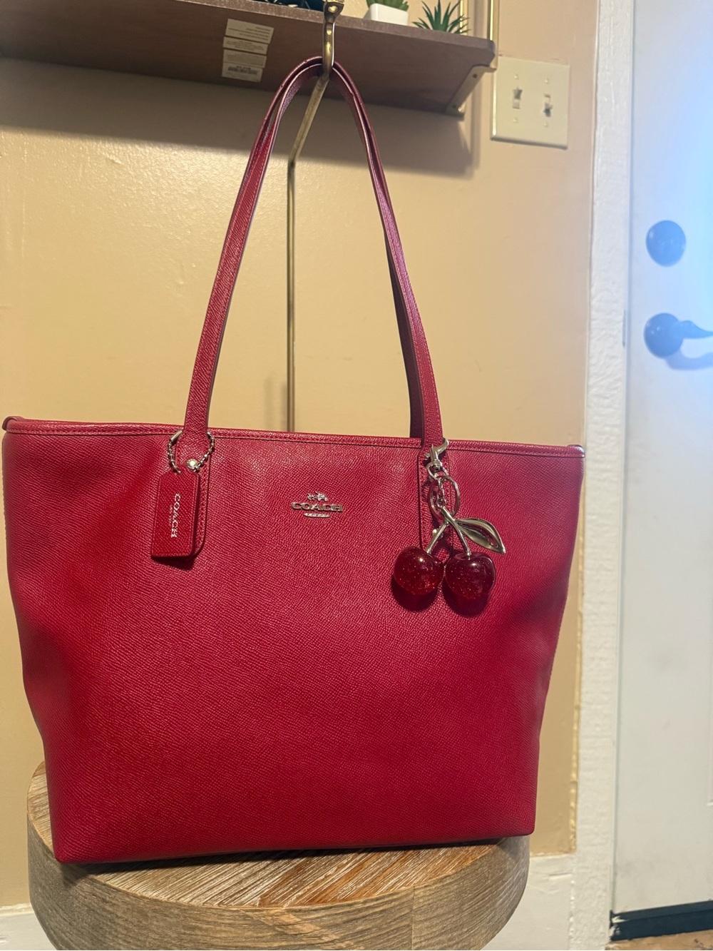 Coach Red Saffiano Leather Tote with Cherries not included